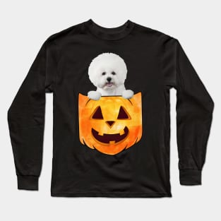 White Bichon Frise Dog In Pumpkin Pocket Halloween Long Sleeve T-Shirt